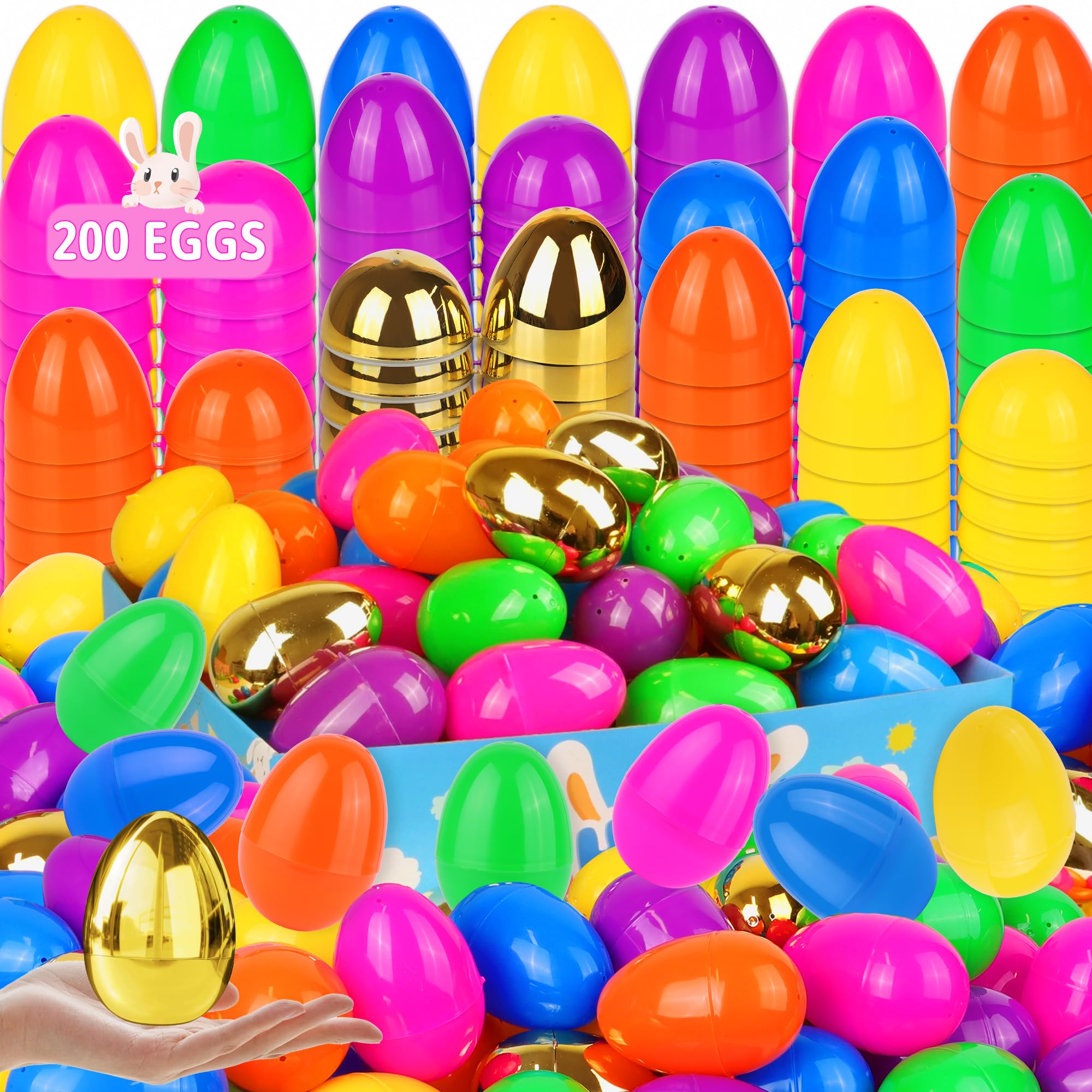 View 1 of 200 Pack 3.1" Fillable Easter Eggs with 6 Surprise Gold Eggs, Colorful Plastic Eggs for Easter Egg Hunts, Basket Stuffers Fillers, Party Favors, Classroom Rewards Prizes for Kids Toddlers Boys Girls