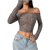 Milumia Women's Cheetah Print Off The Shoulder Crop Top Ruched Long Sleeve Going Out Tee Tops