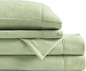 True North by Sleep Philosophy 3-teiliges Mikrofleece-Bettlaken-Set, warm, mit 35,6 cm tiefer Tasche, für kalte Jahreszeit, gemütliches Bettlaken-Set, passender Kissenbezug, Doppelbett, Grün, 3-teilig