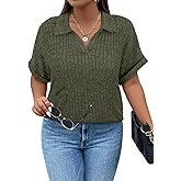 Koscacy Womens Plus Size Tops Short Sleeve Tunic Lapel V Neck Shirts Summer Casual Loose Blouse