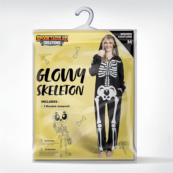 SPOOKTACULAR CREATIONS ADULT SKELETON COSTUMES FOR WOMEN GLOW IN THE DARK SKELETON JUMPSUIT ZIP-UP HOODED JUMPSUIT HALLOWEEN COSPLAY COSTUME
