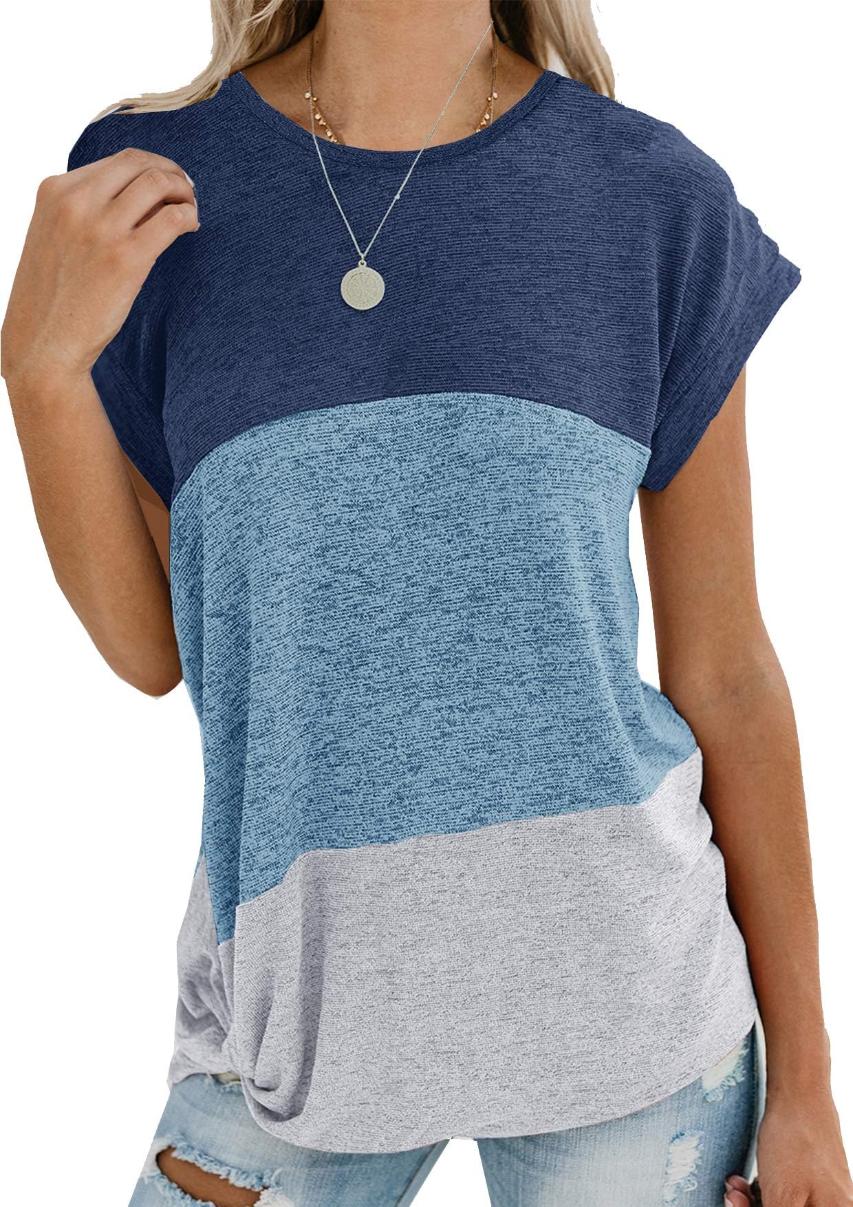 Women's Summer Tunic Tops Color Block Side Twist Knotted Short Sleeve Shirts Casual Blouse