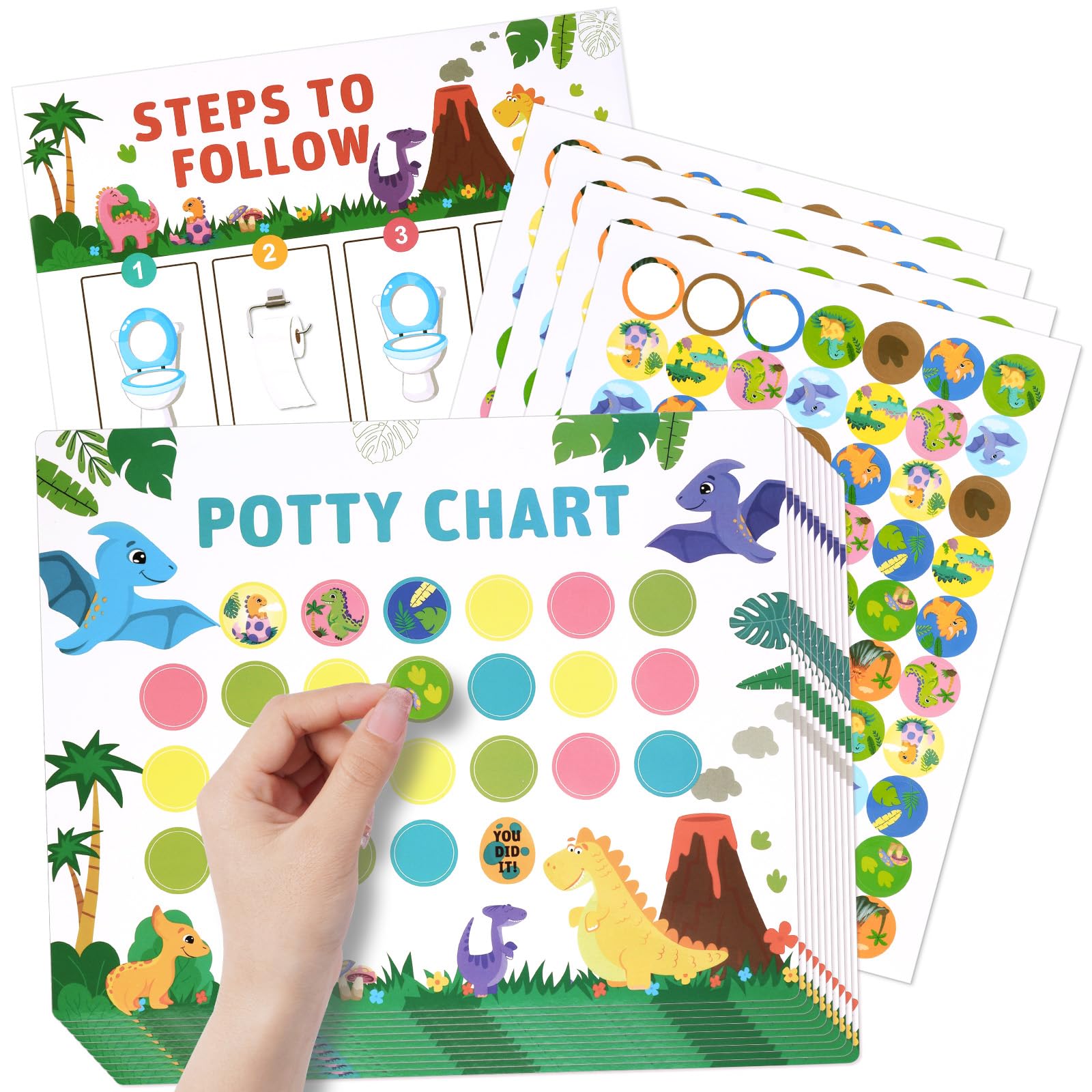 OFFCUP Potty Training Reward Chart, 10pcs Potty Training Chart for Toddlers, Dinosaur Potty Chart with 280 Sparkly Stickers Toilet Training Reward Chart with a Pen Develop Toileting Habit(Dinosaur)