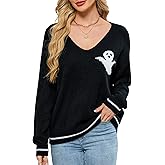 YUURQTY Sweaters for Women Halloween Ghost Long Sleeve V Neck Pullover Sweaters Fall Casual Trendy Loose Knit Sweater Tops