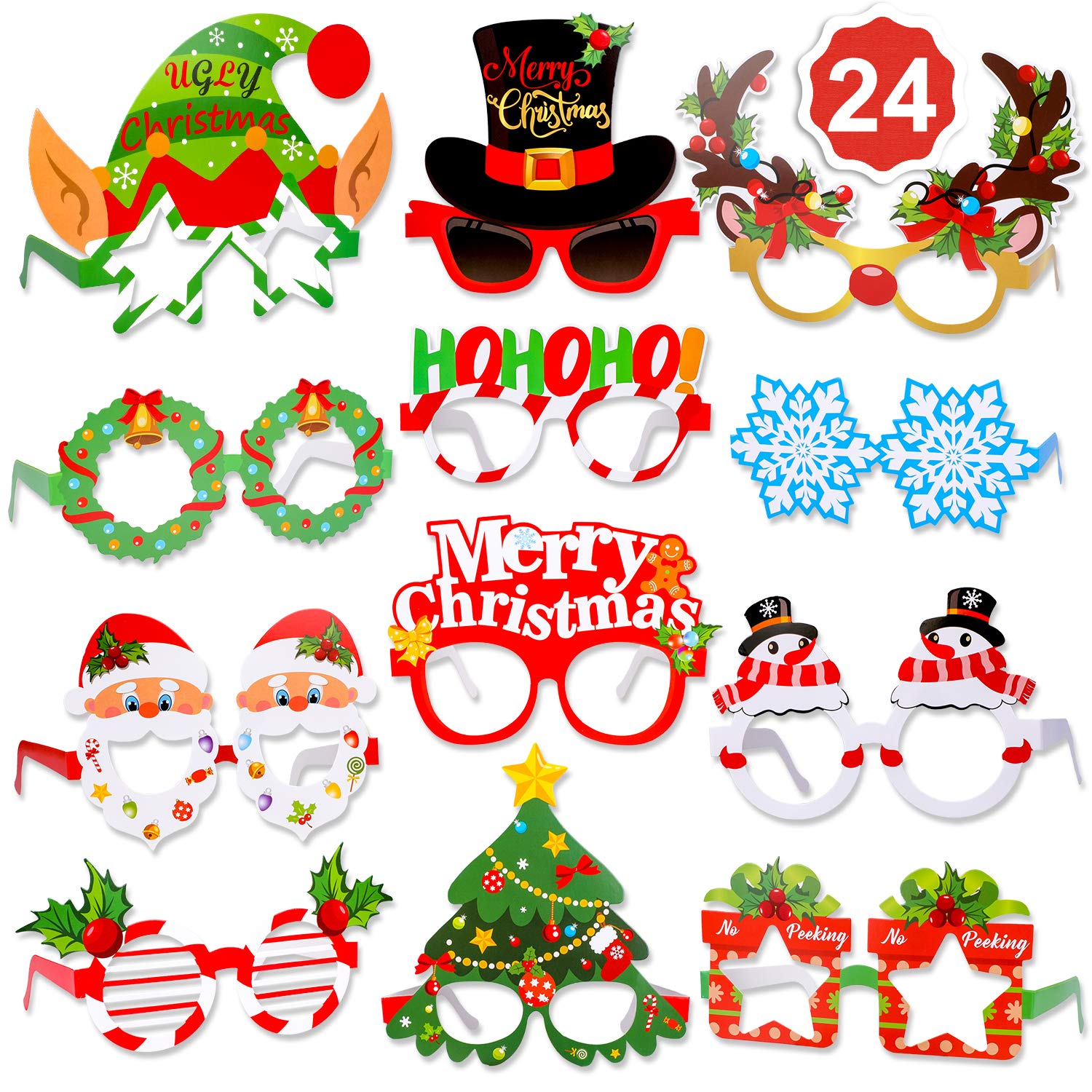 Qpout Christmas Glasses Funny Christmas Sunglasses Decorative Eyeglasses Frame Photo Prop Celebration, Xmas Santa Snowflake Decor,For Christmas Party Favors Supplies Decoration, Pack Of 24