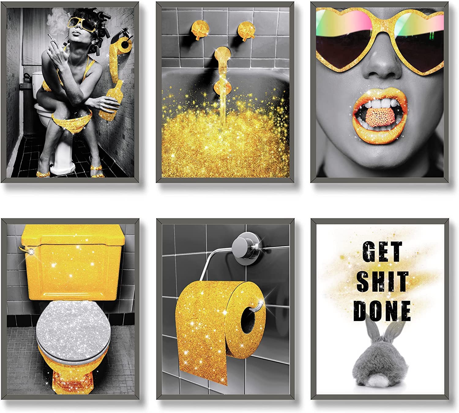 MKHFUW Bathroom Poster of Modern Women, Fashionable Bathroom Wall Decoration, 6-Piece Set, Bathroom Art, Frameless (Golden-2.30 x 40 cm x 6)