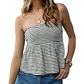 SHBECYDE Women Ruffle Hem Striped Bandeau Tube Tops Y2k Strapless Sleeveless Peplum Flowy Blouse Shirts Summer Going Out Tank