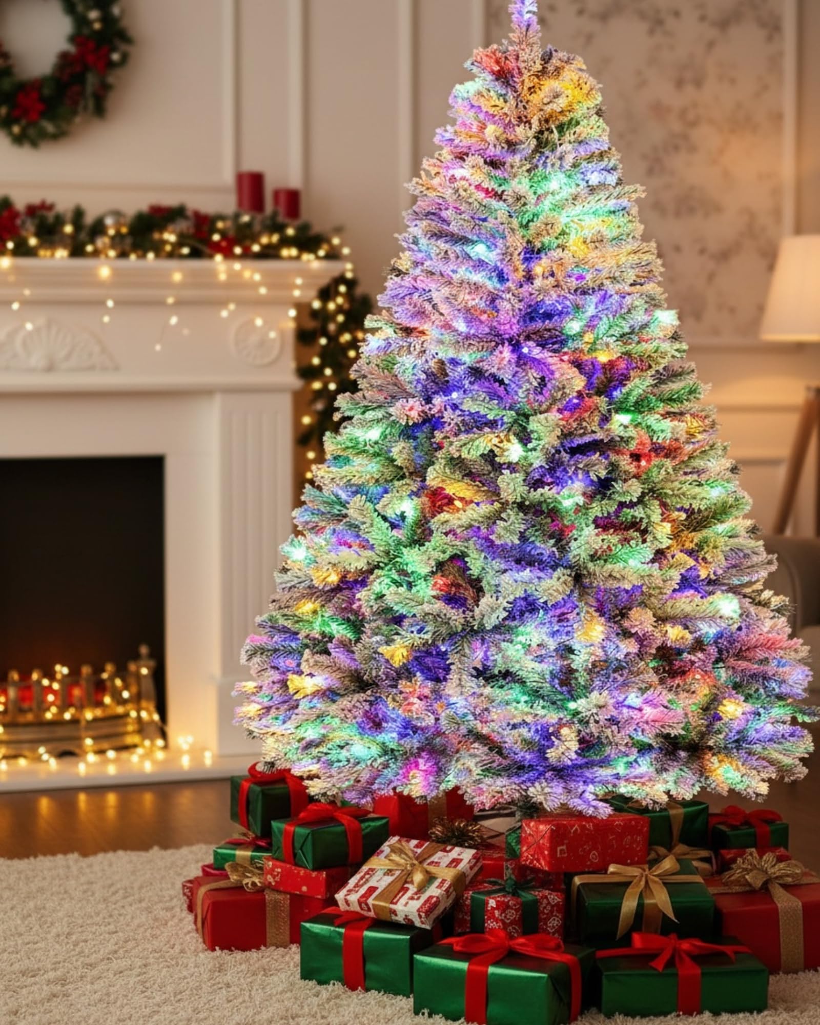 180cm Künstlicher Weihnachtsbaum mit Schnee & 250 RGB LED Beleuchtung,1000 Spitzen, Naturgetreu Tannenbaum mit Klappsystem & Metallständer, Schnellaufbau Christbaum für Weihnachtsdeko,Weiß