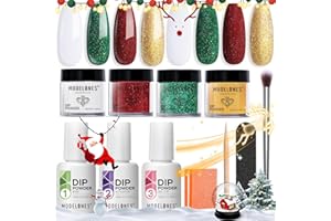 Modelones 11 Pcs Christmas Dip Powder Nail Kit Starter, 4 Colors Red Green Gold Glitter Acrylic Dipping Powder System Essential Liquid Set Base&Top Coat Activator Nail Tools French Nail DIY Salon