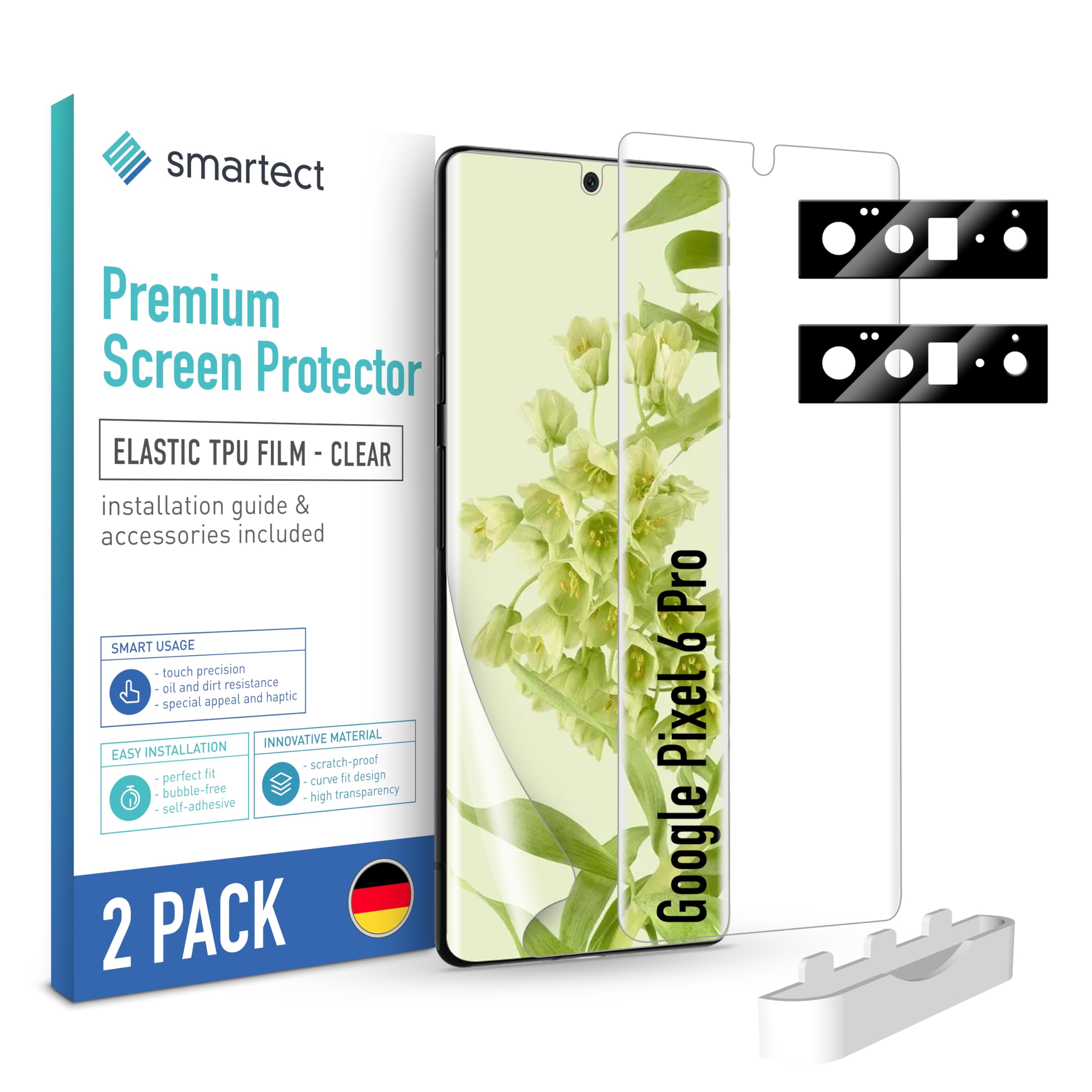 smartect TPU Screen Protector [2 + 2 Pieces] for Google Pixel 6 Pro, Display + Camera, Covers the whole display, Protective Film bubble-free, Screen Cover Anti-Fingerprint