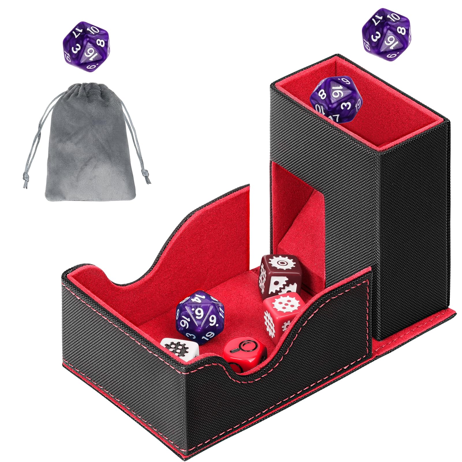 Jaffzora 3-in-1 Foldable Dice Tower & Magnetic Dice Storage Box, Premium Leather Dice Organiser with U-Shape Groove for D&D, MTG, RPG & Tabletop Games, Black & Red — image 1