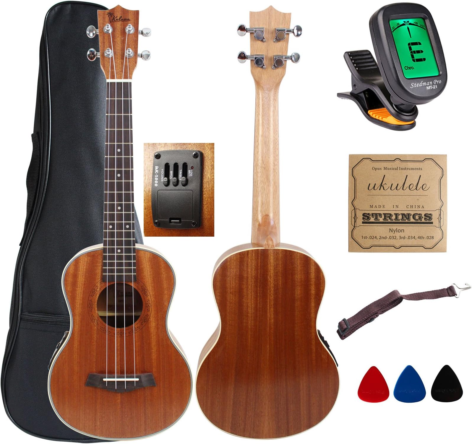 Kulana Deluxe Tenor Electric-Acoustic Ukulele, Mahogany Wood with Binding and Aquila Strings + Gig Bag