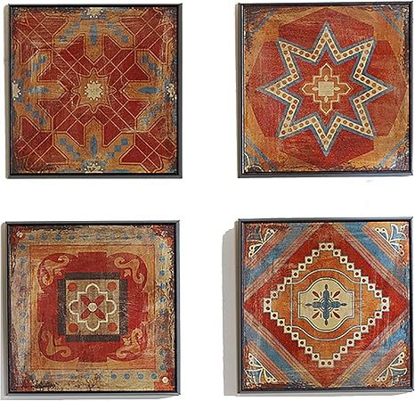 Amazon Com Madison Park Moroccan Tile Abstract Canvas Wall Art Bohemian Painting Home Decor Abstract Stretched 4 Piece Set Canvas Painting For Living Room Easy To Hang Deco Box Framed Blue Orange Red Wall