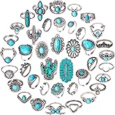 BVGA 36-40 Pcs Vintage Silver Knuckle Rings for Women WesternTurquoise Rings Boho Silver Oval Gemstone Ring Joint Knuckle Rings