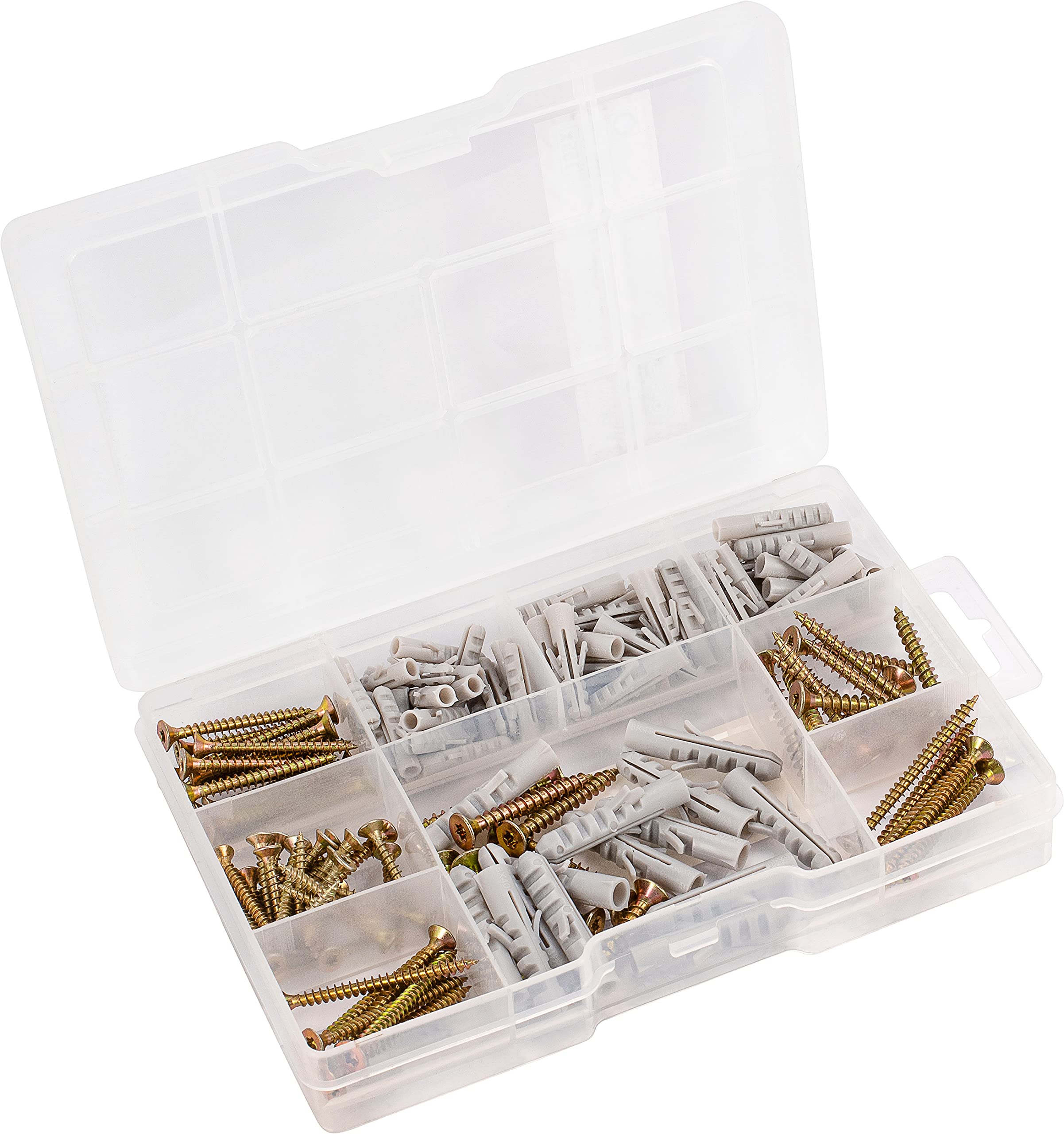 Connex DP8500126 Wood Screws and Dowels Assortment 155 Pieces Various Sizes Countersunk Torx Drive Full Thread Galvanised Screw Set with Dowels Assortment Box