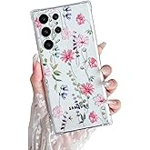 DEFBSC Soft Case Compatible with Samsung Galaxy S25 Ultra, Clear Floral Flower Pattern Print Design Flexible TPU Shockproof Cover for Women Girls, Flower Protective Phone Case, Pink Cosmos