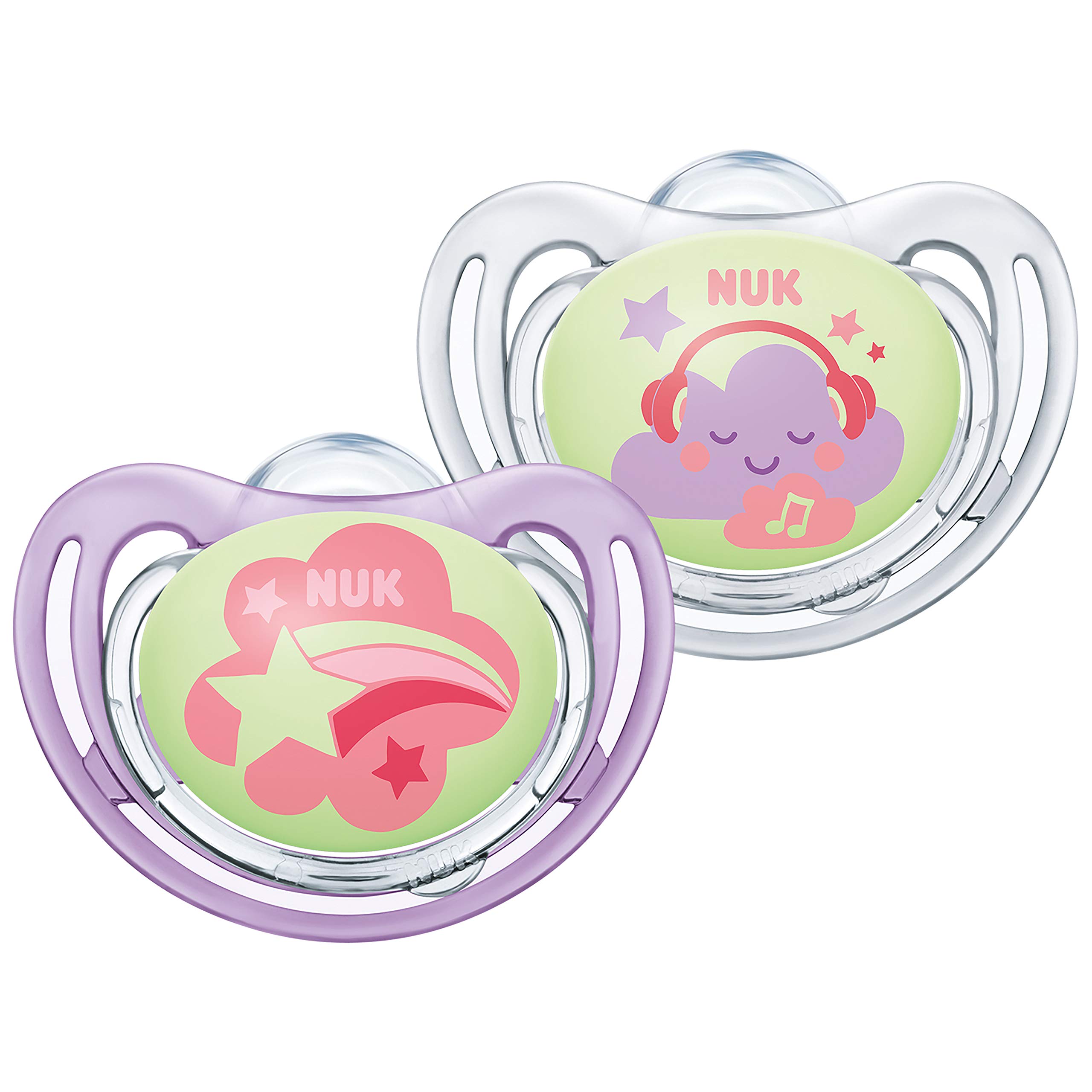 NUK Freestyle Night Dummy, 18-36 Months, Dummies with Luminous Effect, BPA Silicone, Pink Clouds, Pack of 2