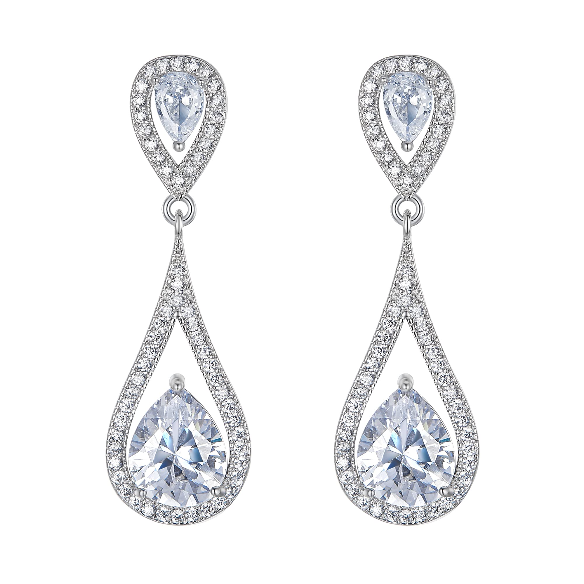 Clearine Wedding Bridal Teardrop Cubic Zirconia Pierced Dangle Earrings for Women Brides Clear Silver-Tone