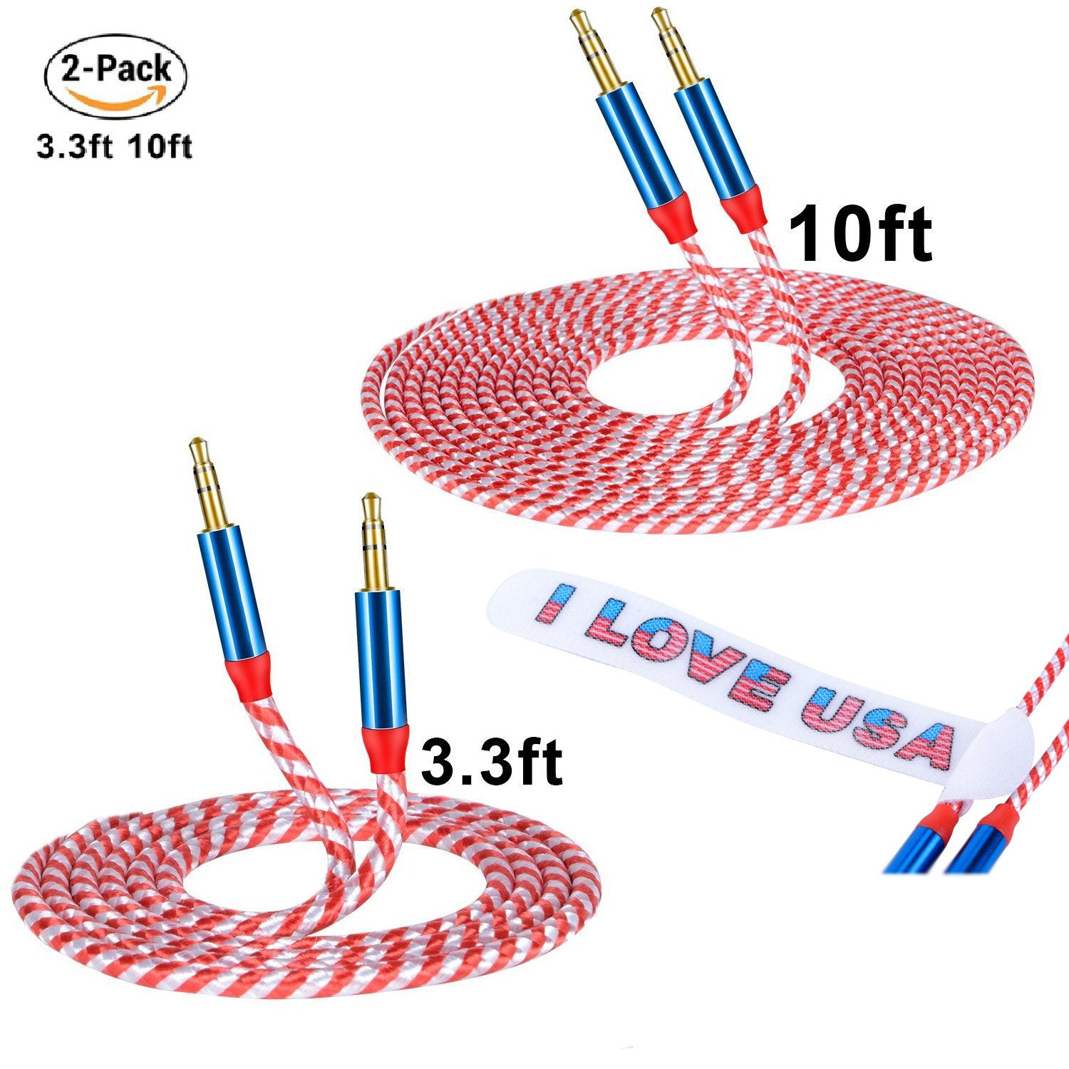 Stereo Cable CSHope 2Pack 3.5mm to 3.5mm Male Jack Nylon Braided Aux Audio Cable with US Flag Color Design (10ft + 3.3ft)