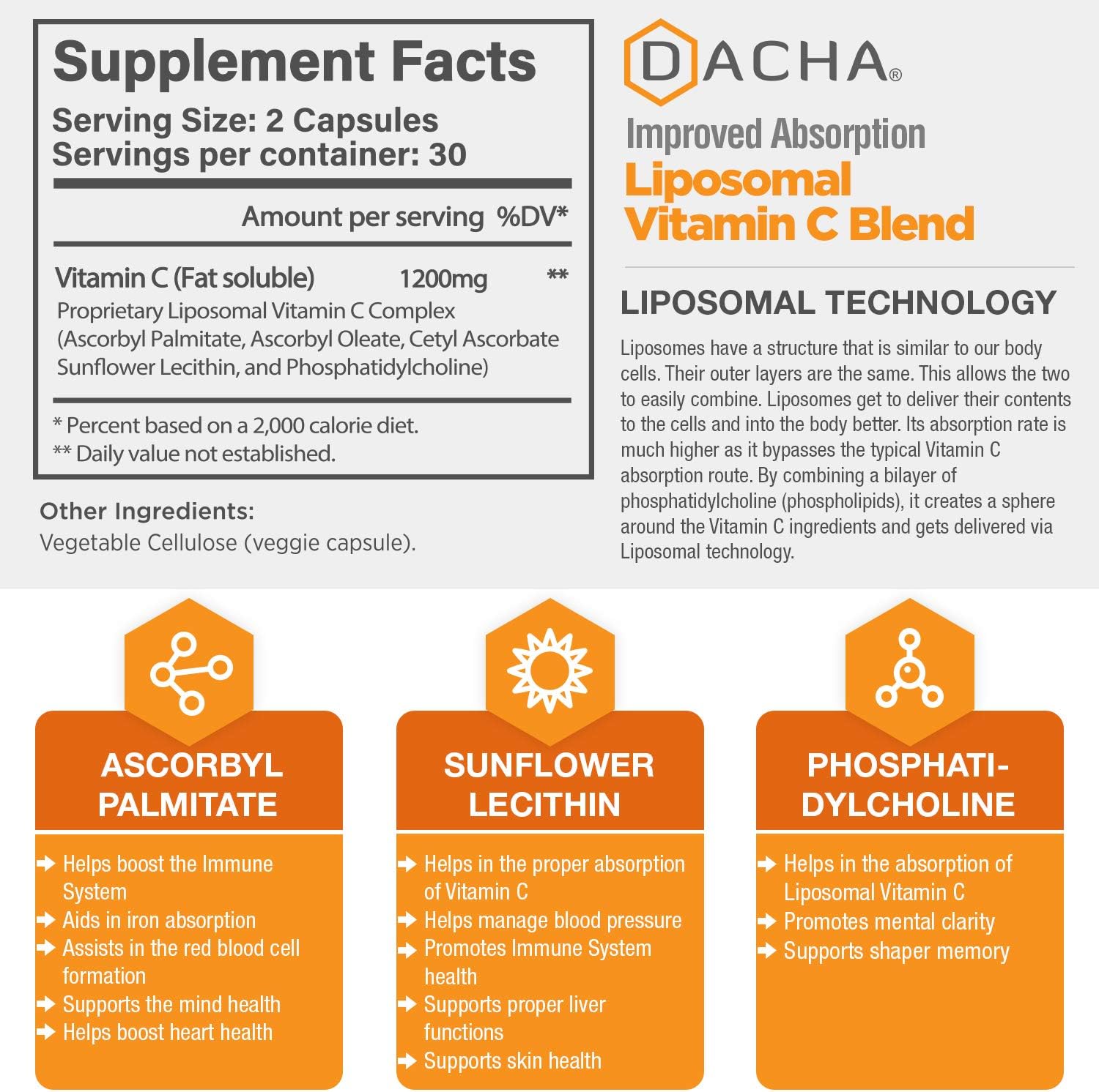 Natural Liposomal Vitamin C - Immune System & Collagen Booster, High Absorption Fat Soluble VIT C, Buffered 1200mg, Anti Aging Skin Vitamins, Anti Inflammatory, Sunflower Lecithin: Health & Personal Care