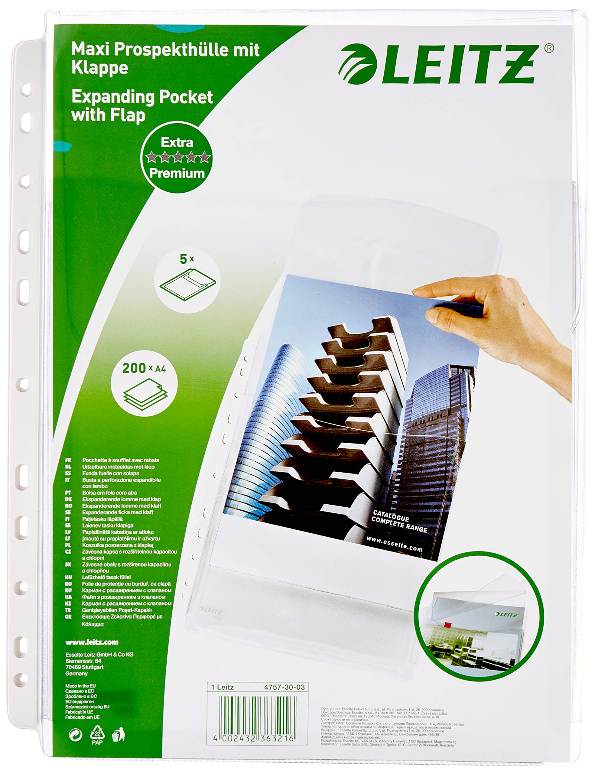 Leitz Expanding Pocket with Flap, Pack of 5, Holds up to 200 A4 Sheets, Clear, 170 Micron PVC Foil, 47573003