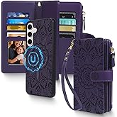Harryshell 2 in 1 for Samsung Galaxy S25+ Plus Wallet Case Magnetic Compatible with Magsafe RFID Blocking Card Holder Detachable Phone Cover Zipper Purse Kickstand Wrist Strap for Men Floral Purple