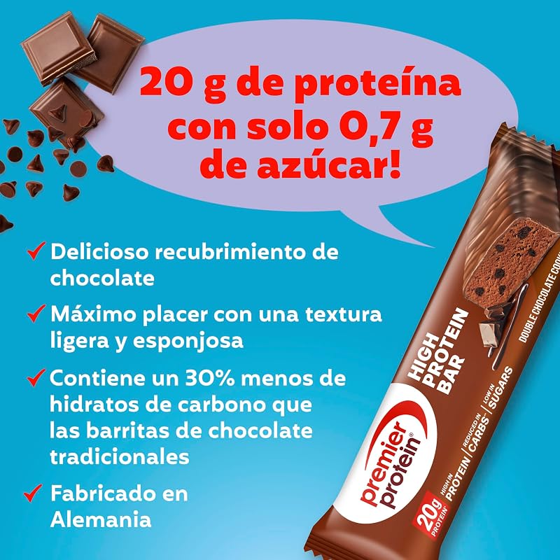 Premier protein high protein bar biscoito duplo de chocolate 16x40g - alto teor de proteínas + sem óleo de palma
