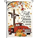 Shuitouk Fall for Jesus He Never Leaves Garden Flag Fall Pumpkin Garden Flags for Outside 12x18 Double Sided 3Ply Polyester Autumn Thanksgiving Garden Flag House Yard Sign Decorations