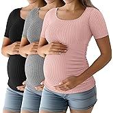Riyiper 3 Pack Women's Maternity Cotton Ribbed Tops Scoop Neck Short Sleeve Pregnancy T-Shirts Side Ruched Mama Clothes