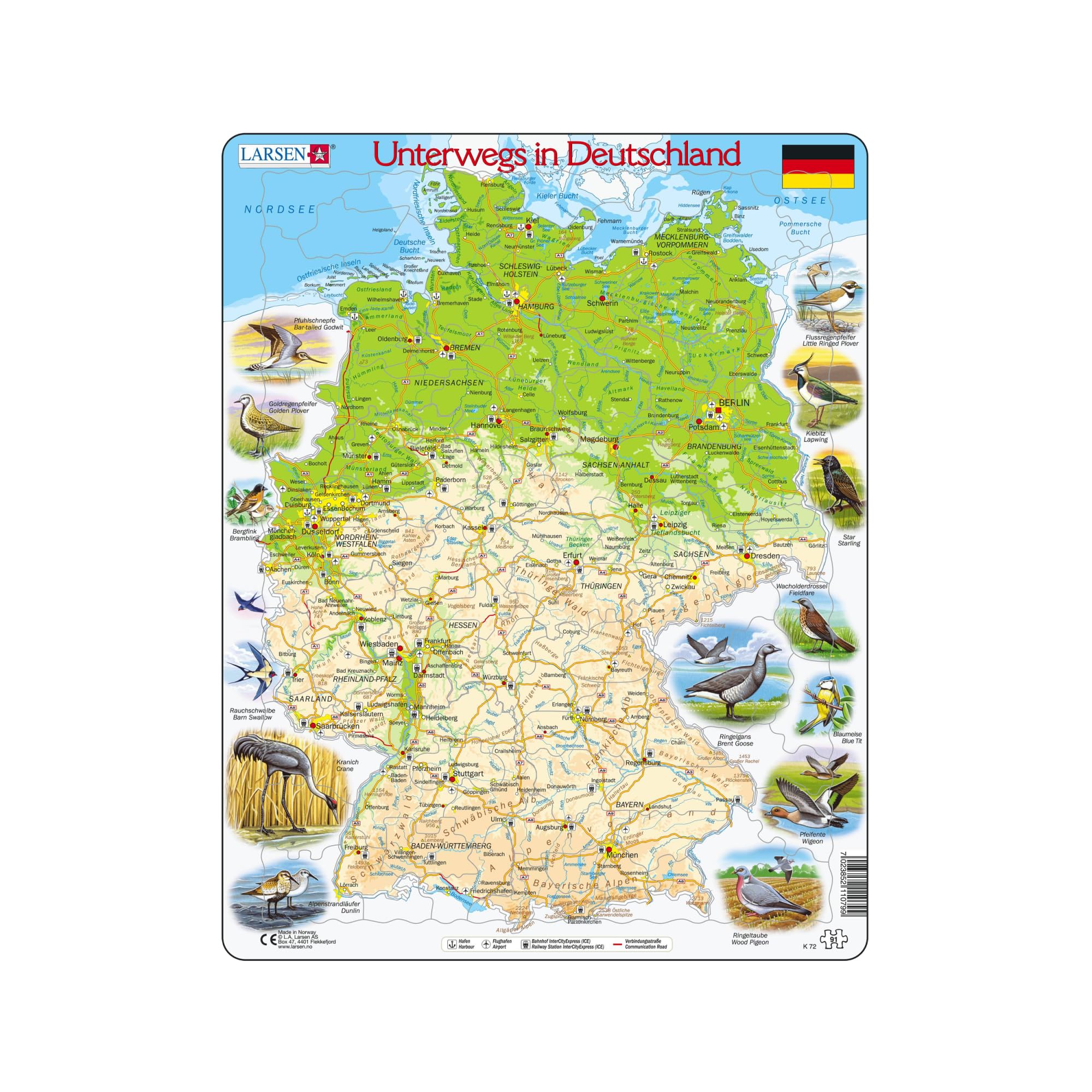 Larsen K72 Travelling in Germany Jigsaw Puzzle | 91 Pieces | German Edition | Educational Tray & Frame Puzzle