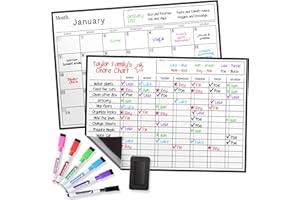 Cinch Magnetic Dry Erase Calendar & Chores Chart for Kids Bundle for Fridge: 2 Boards Included 17"x12", 6 Fine Tip Markers & 