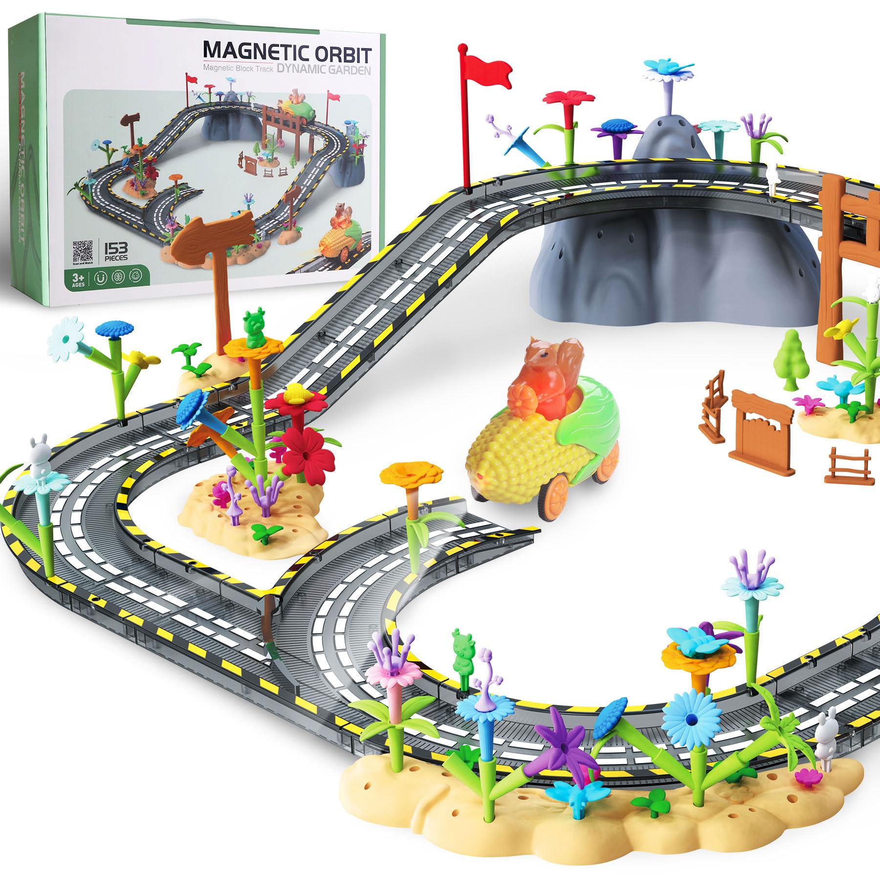 Photo 1 of 153PCS Magnetic Tiles Road Set with Toy Car & Flowers Building Toy, Magnet Tiles for Kids, Magnetic Building Blocks, STEM Toy Gift for Boys and Girls, Garden Track Themed
