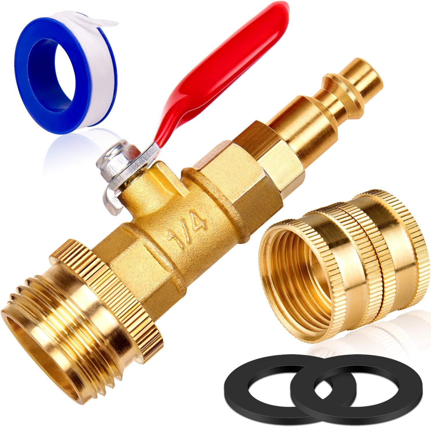 Dual Purpose Winterize Adapter with Quick Plug&3/4" GHT Thread, Brass Made Winterizing Quick Fitting with Ball Valve, Easy Blow Out Water to Winterize RV/camper/boat/trailer/Garden Hose Water Lines - - 