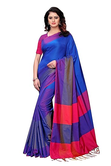 Women's Art Silk Blend Plain Saree Border Tassels With Blouse Piece (Free Size)