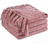 LONG CREATE Chenille Throw Blanket for Couch 50"X 60", Soft Cozy Throws with Fringe Tassel for Bed Sofa Chair Cover, Lightweight Knitted Decorative Boho Blankets for Living Room, Mauve