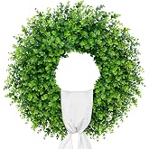 Dushle 28'' Large Boxwood Wreaths Front Door Artificial Green Spring Wreath with Sash Wreaths for Front Door Farmhouse Greenery Year Round Outdoor Indoor for Summer Wreath St Patricks Day Decoration