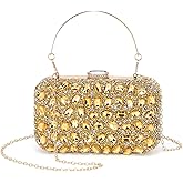 DTGN Evening Bags Clutch Purses for Women Formal, Gemstone Handbag Crystal Rhinestone Crossbody Square Bag with Chain Shoulder Bag Sparkly for Wedding Guest Party Gold