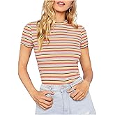 Milumia Women's Casual Multi Striped Ribbed Short Sleeve Solid Tee Knit Top