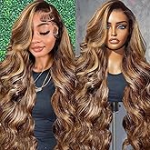 Honey Blonde Wig Human Hair, Ombre Body Wave 13x6 Lace Front Wigs Human Hair Pre Plucked 200 Density Highlight Wig 10A HD Transparent Glueless Lace Frontal Wigs with Baby hair for Women 28 Inch 4/27