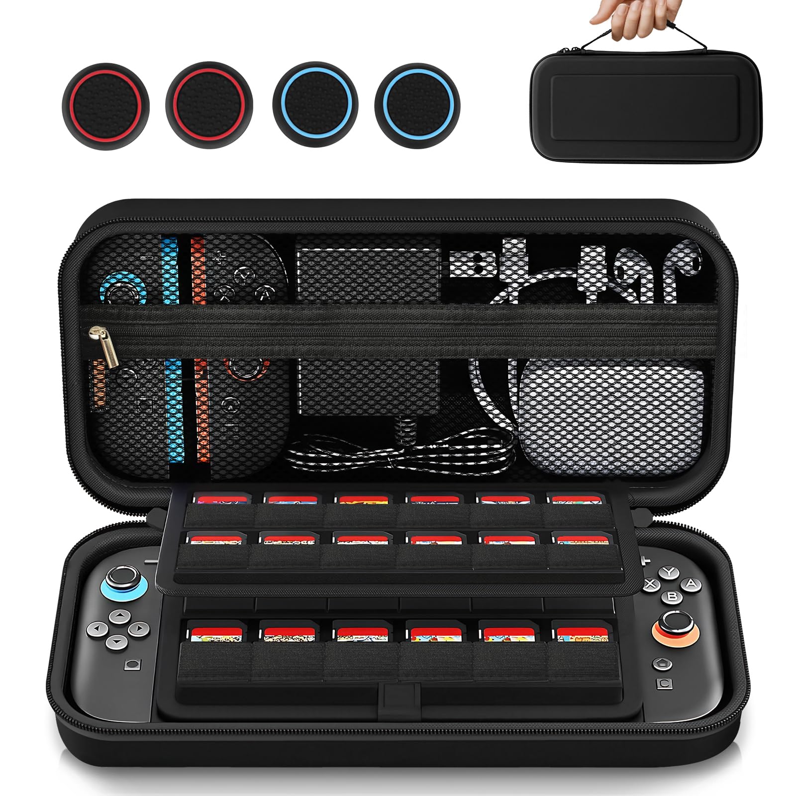 SnapTek Large Capacity Carrying Case for Nintendo Switch 2 - 3 in 1,with 24 Game Card Slots & 4 Thumb Grip Caps,Protective Hard Shell Portable Travel Case Pouch for Switch 2,Black