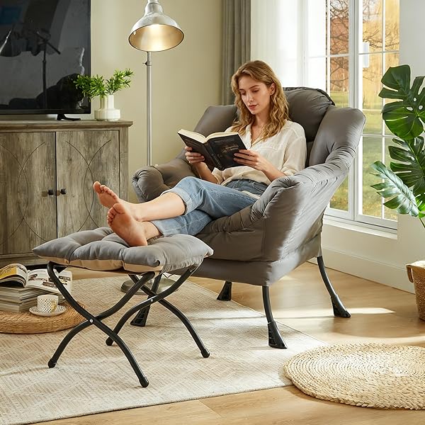 HOLLYHOME 15″(H) FOLDING FOOTREST STOOL, UPHOLSTERED SMALL FOLDABLE OTTOMAN, ACCENT PADDED SOFA FOOT STOOL FOR LAZY CHAIR, METAL FRAME PORTABLE FOOT REST OTTOMAN FOR LIVING ROOM, BEDROOM, DARK GREY