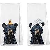 GTYNU Funny Black Bear Bathroom Hand Towels, Bear Bathroom Decor, Rubber Duck Wild Animal Hand Towels for Bath Room Spa Gym Yoga Decor 16x24 Inches Set of 2