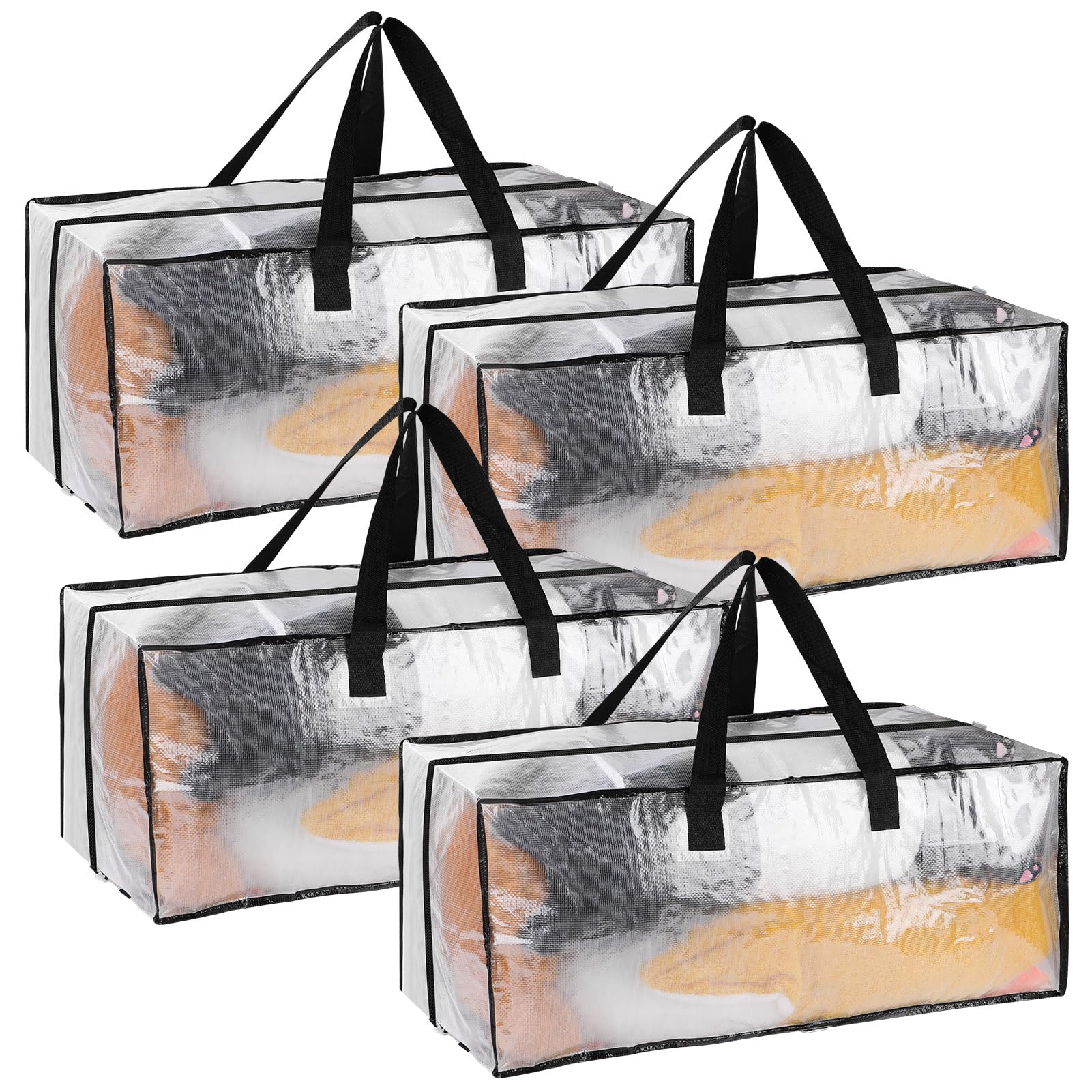 4 Pack 92L Clear Clothes Storage Bags, Waterproof Heavy Duty Moving Storage Tote with Strong Zipper&Handles for Moving House, Blankets, Duvet and Under Bed Storage