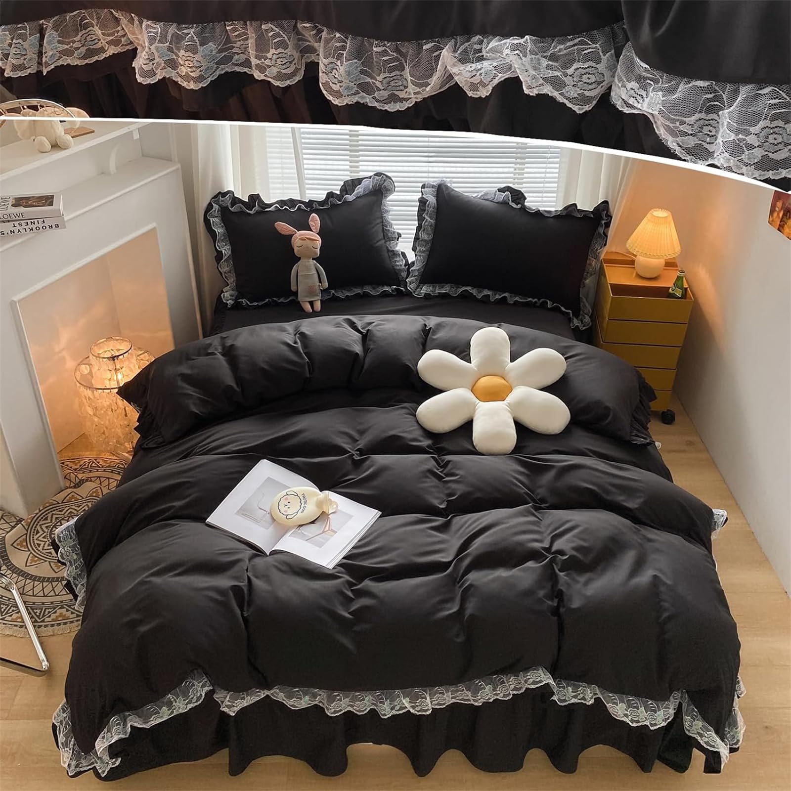 Black White Ruffle Duvet Cover Sets 2 Pieces Lace Bedding Set with 1 Pillowcases Single Soft Breathable Microfiber Duvet Cover 135x200 cm — image 1