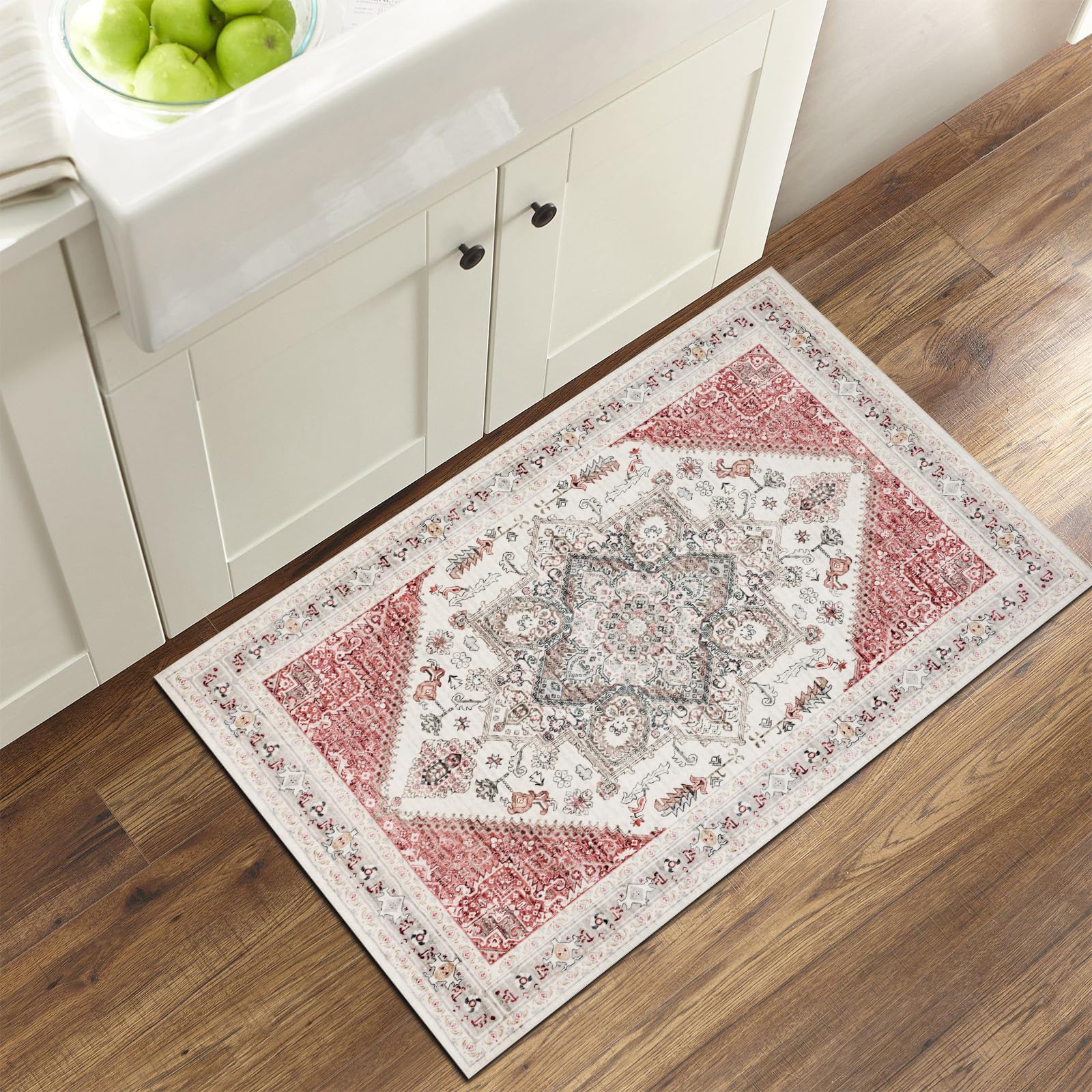 ARTWEAVER Vintage Medallion Indoor Door Mat Area Rug,2x3 Entryway Washable Rug Non Slip Low Pile Small Area Rug for Front Door Entrance Kitchen Laundry Bedroom and Bathroom (Beige and Pink, 2'×3')