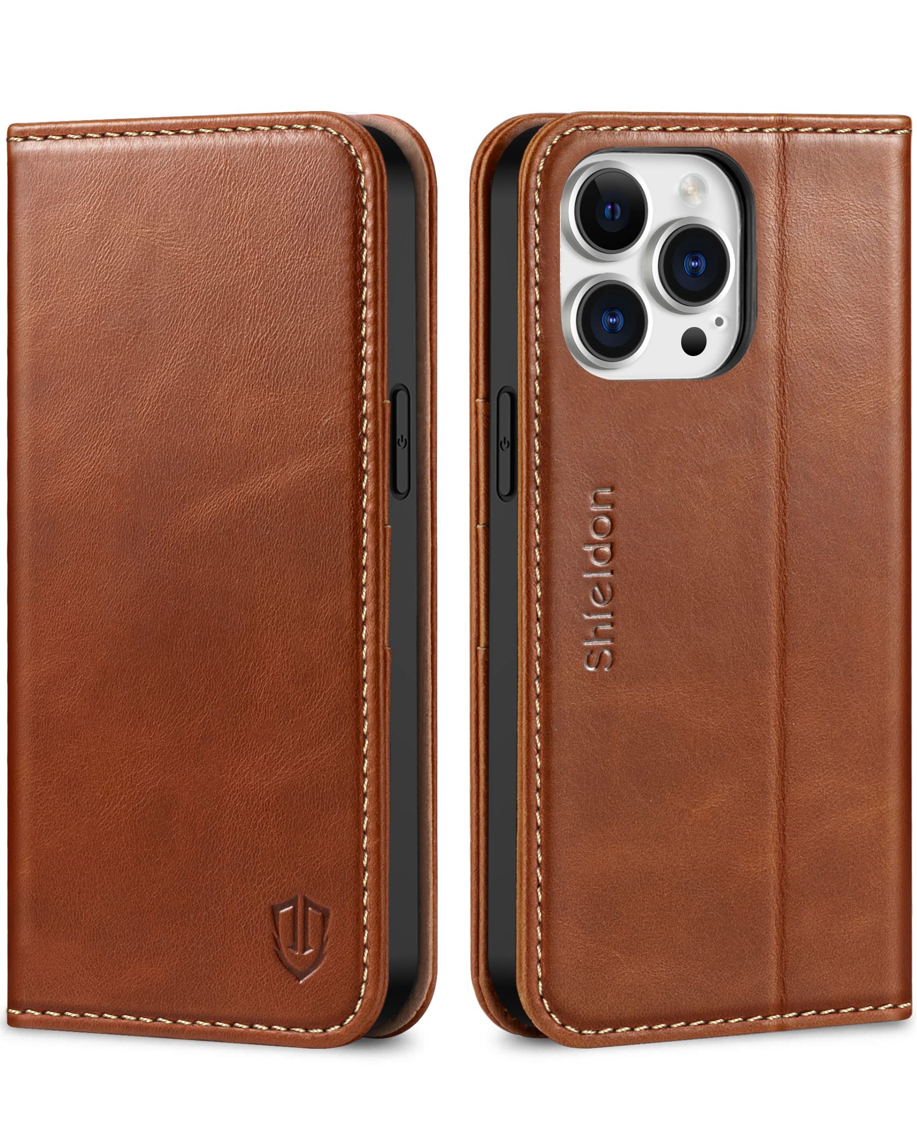 SHIELDON Wallet Case for iPhone 14 Pro Max, Genuine Leather Folio Case with [RFID Blocking][Card Slots][Kickstand][TPU Shockproof] Protective Case Compatible with iPhone 14 Pro Max 2022, Retro Brown — image 1