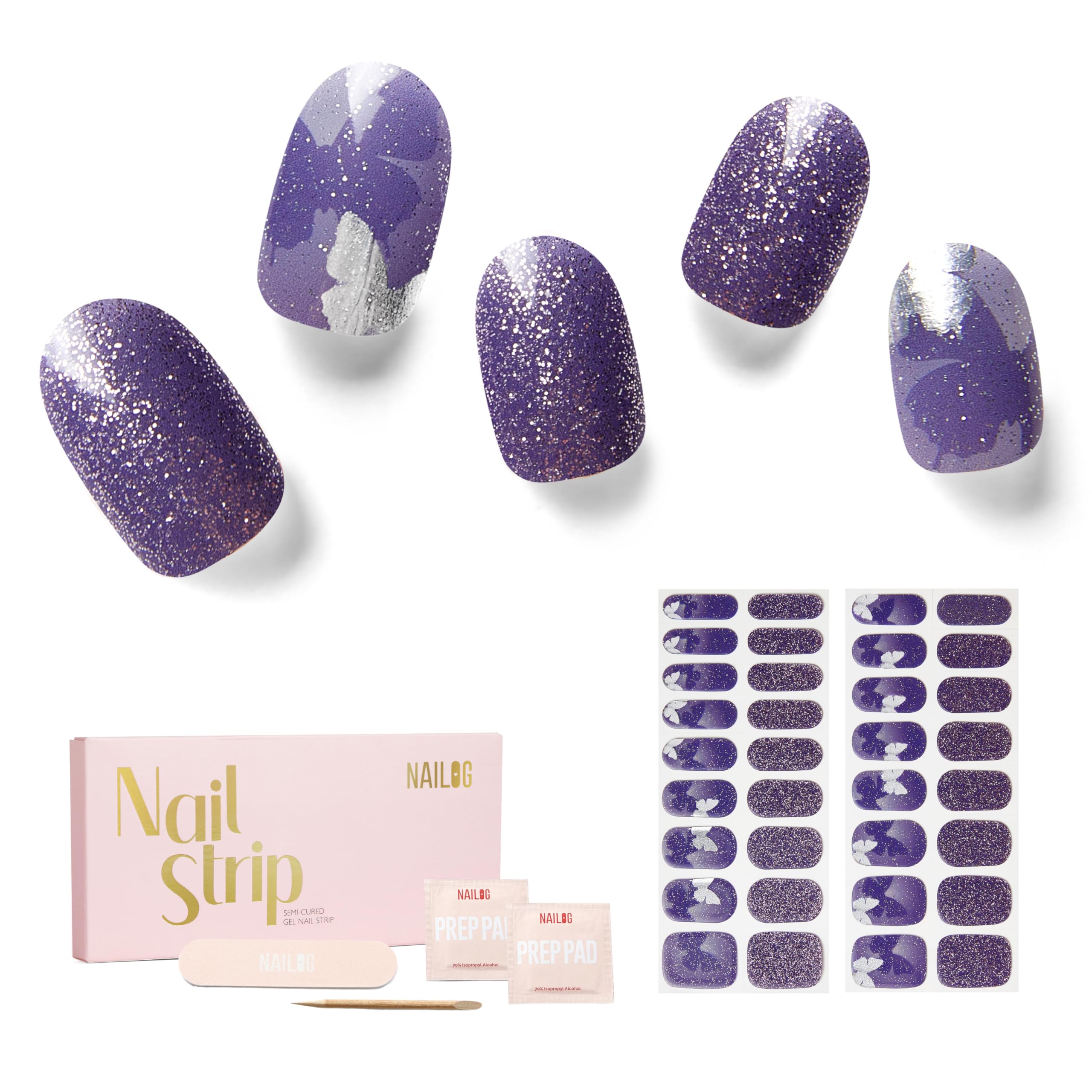 Nailog Semi Cured Gel Nail Strips 34 pcs | Buy 2 Get 1 UV Lamp | Long Lasting Nail Polish Sticker Wraps with Glossy Gel Finish (Reflection)