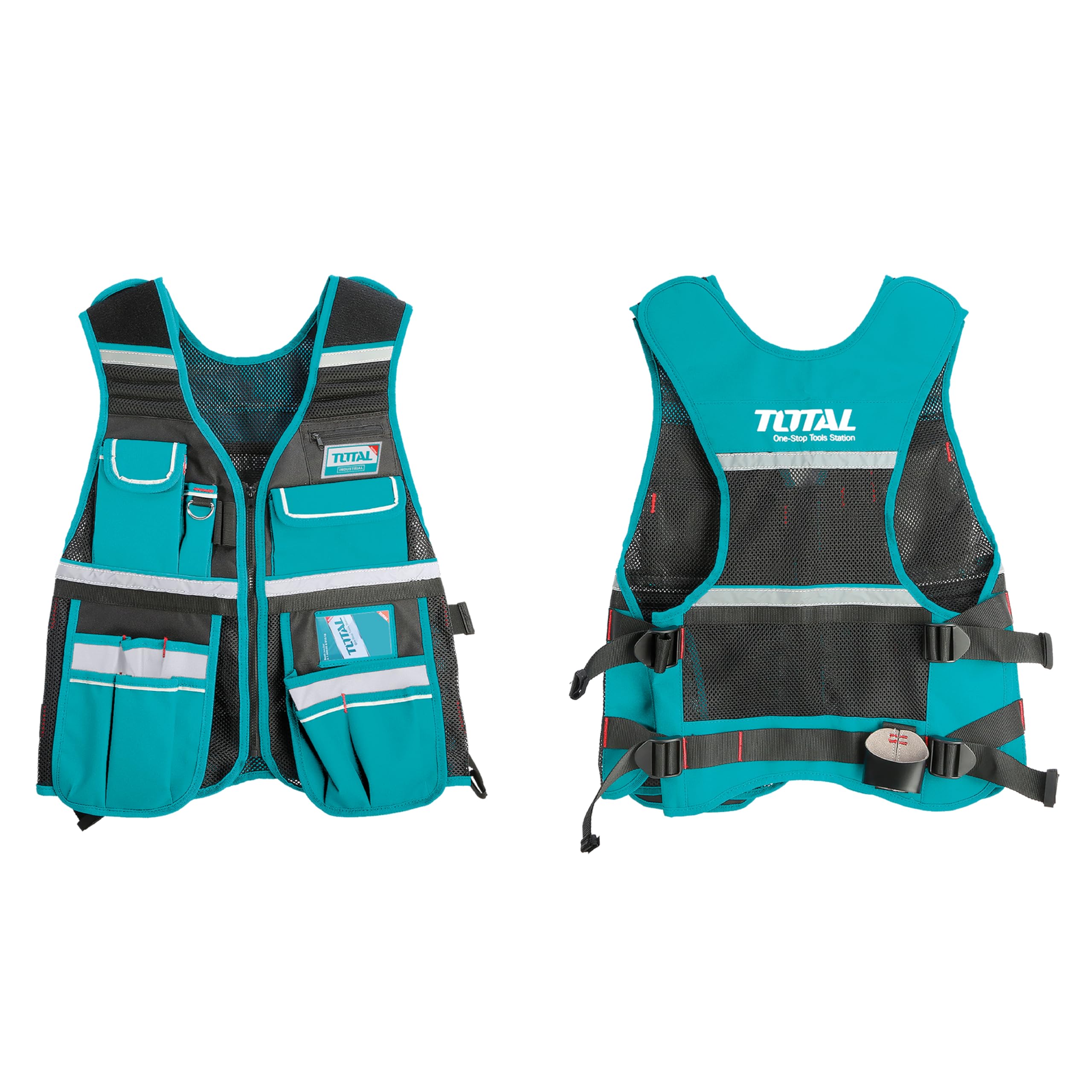 Total - Tool Holder Vest | 11 Pockets & Hammer Holder | Adjustable & Breathable Polyester Design | Max 3 KG Load | Quick Tool Access | Fits, Black/White, One Size