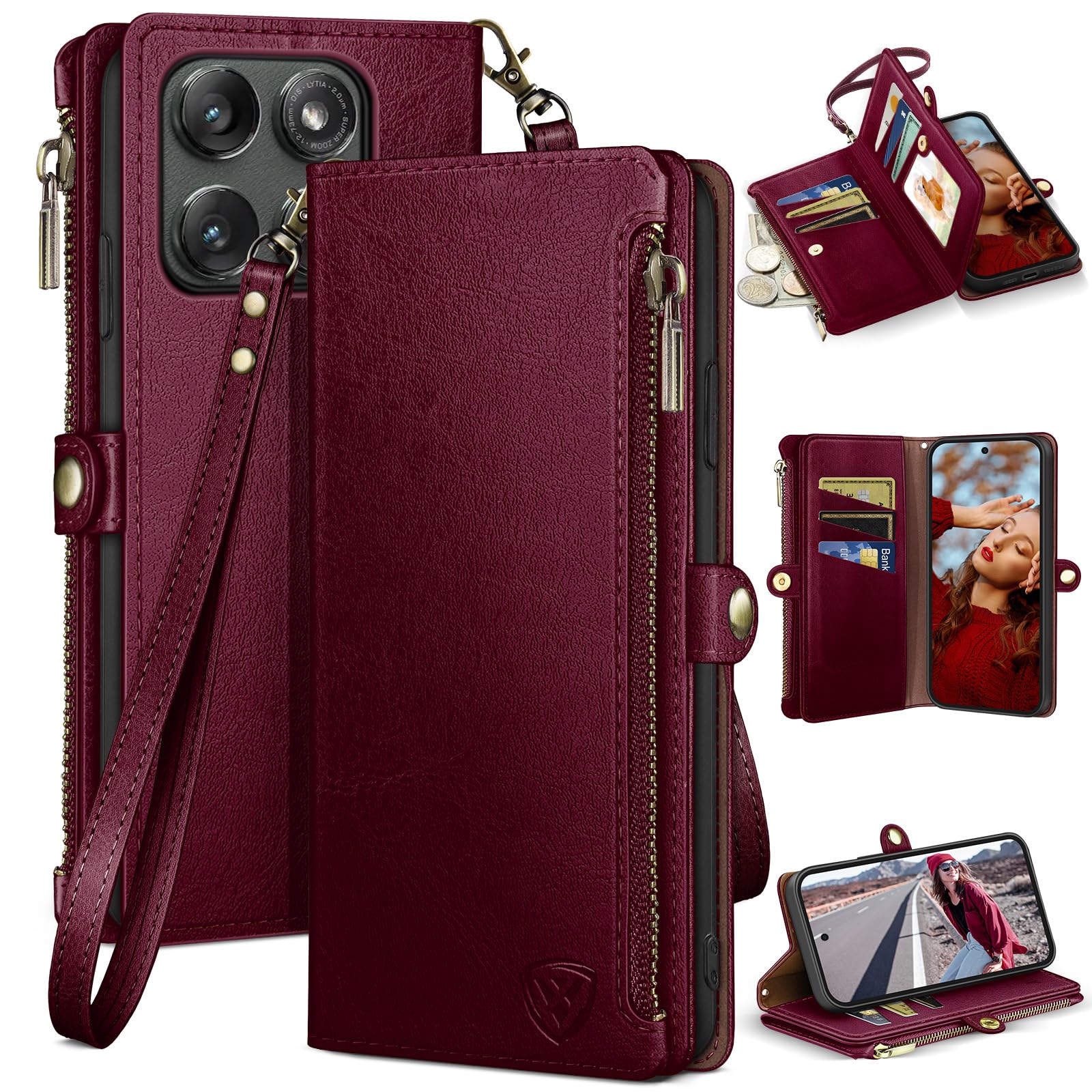 Photo 1 of XcaseBar compatible with ?Moto Edge 5G 2025 Wallet case with Zipper Credit Card Holder?RFID Blocking?,Flip Folio Book PU Leather Phone case Shockproof Cover Women Men for Mote Edge 2025 case Wine Red