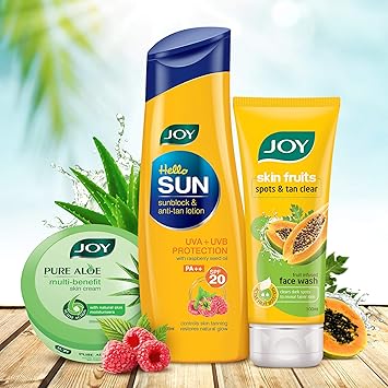 Joy Hello Sun SunBlock & Anti-tan Lotion SPF20-300ml + Pure Aloe Multi Benefit Skin Cream-200ml + Skin Fruits Spots & Tan Clear(Papaya) Face Wash 100ml, Combo Pack